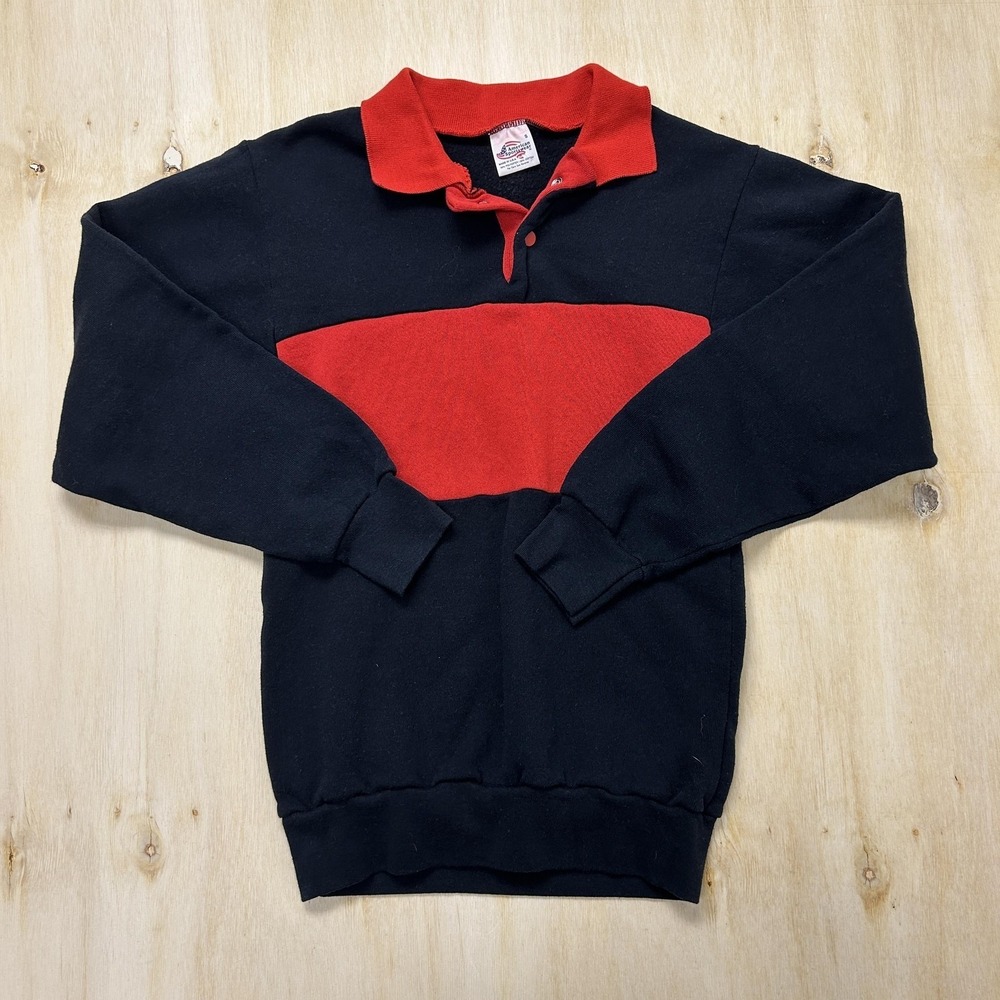 Vintage 80s American Sportswear Sweatshirt Men Small Black Red Fleece Snap Rugby